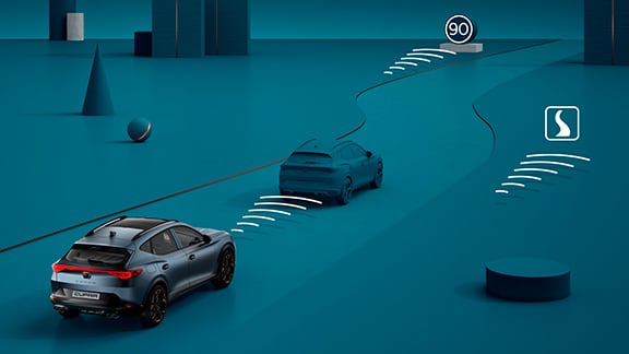 Prezentacja działania funkcji acc predictive w 5-drzwiowym samochodzie CUPRA Leon.